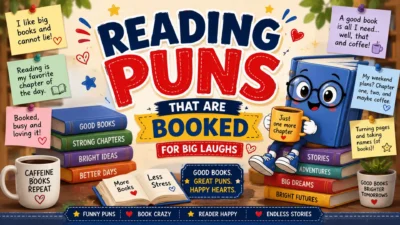 Reading puns poster with colorful books, smiling book characters, coffee, speech bubbles, and playful library humor.