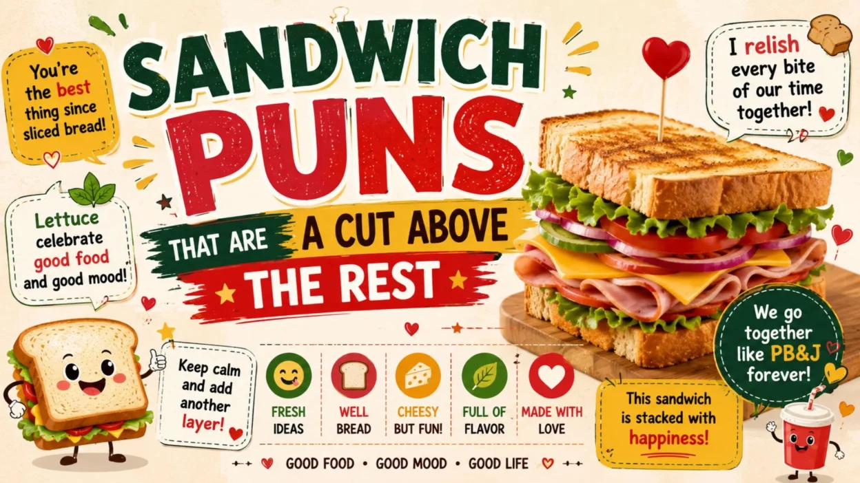 Sandwich puns poster with stacked sandwiches, bread characters, peanut butter, jelly, and colorful food humor.