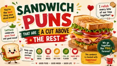 Sandwich puns poster with stacked sandwiches, bread characters, peanut butter, jelly, and colorful food humor.