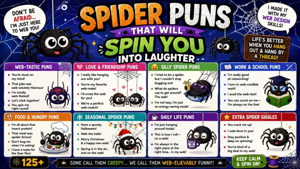 Spider puns infographic with cute cartoon spiders, webs, funny jokes, love, food, work, and seasonal wordplay