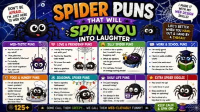 Spider puns infographic with cute cartoon spiders, webs, funny jokes, love, food, work, and seasonal wordplay