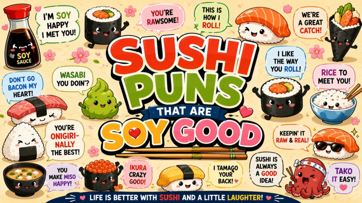 Cute sushi puns poster with kawaii sushi characters, soy sauce, wasabi, and funny food jokes.