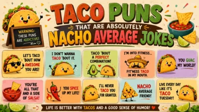 Cute taco puns poster with colorful cartoon tacos, nachos, salsa, and funny Mexican food jokes for social media.