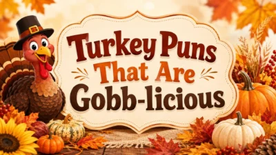 Turkey puns blog cover with funny turkey, pumpkins, autumn leaves, and Thanksgiving theme