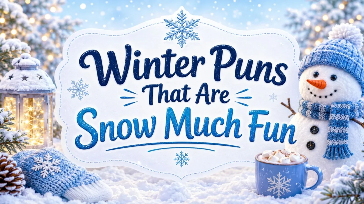 Winter puns blog cover with snowman, cozy snow scene, and fun winter title text