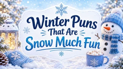 Winter puns blog cover with snowman, cozy snow scene, and fun winter title text