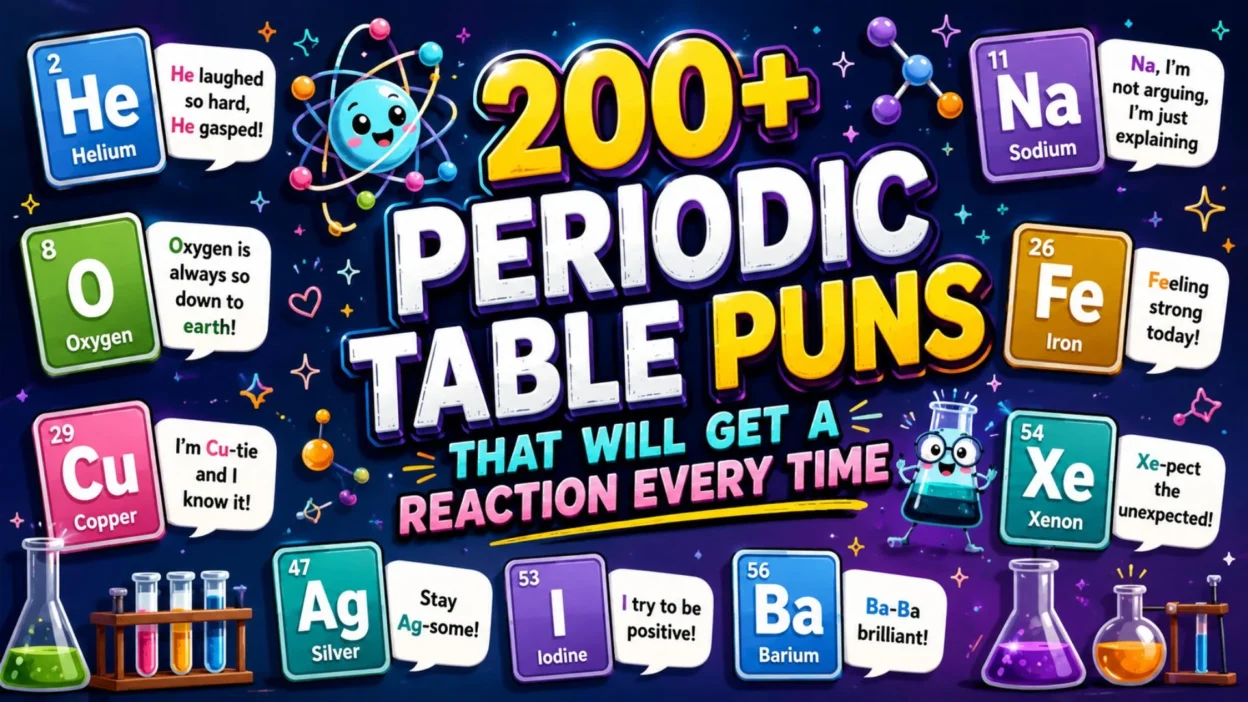 200+ Periodic Table puns graphic with colorful element icons, funny chemistry jokes, and playful science-themed illustrations.