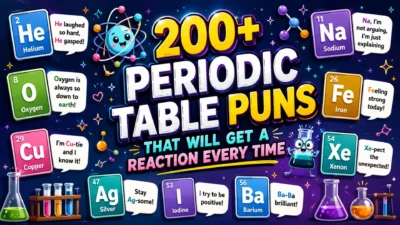 200+ Periodic Table puns graphic with colorful element icons, funny chemistry jokes, and playful science-themed illustrations.