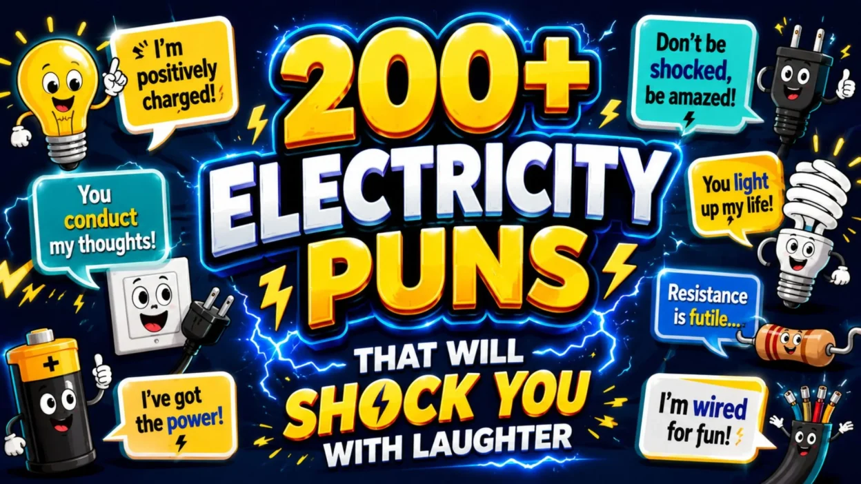 200+ electricity puns graphic with lightning, bulbs, plugs, and funny electrical jokes for science and humor lovers.