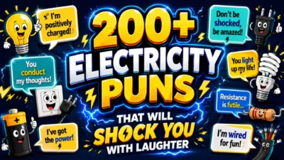 200+ electricity puns graphic with lightning, bulbs, plugs, and funny electrical jokes for science and humor lovers.