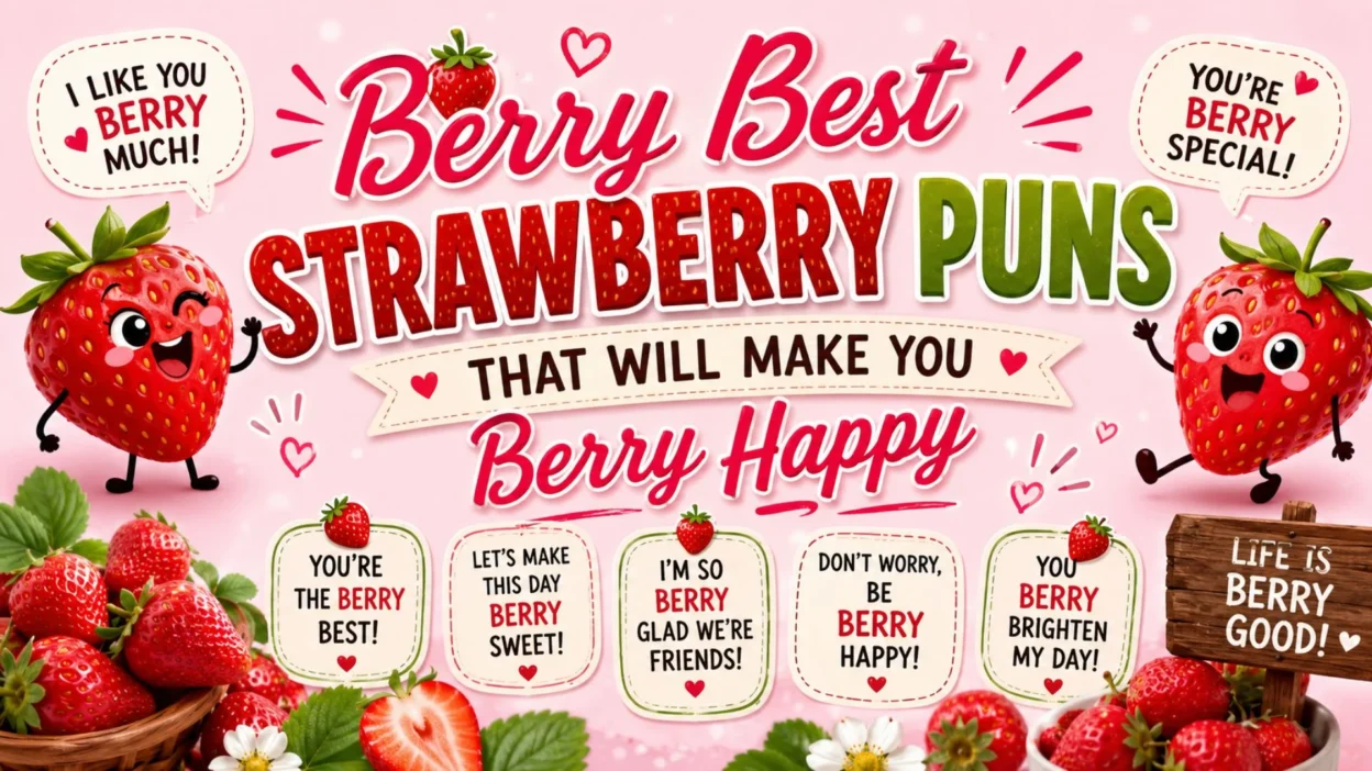 Berry Best Strawberry Puns graphic with cute strawberries and funny berry jokes to brighten your day and make you smile.