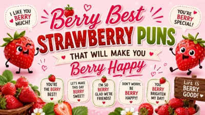 Berry Best Strawberry Puns graphic with cute strawberries and funny berry jokes to brighten your day and make you smile.