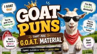 Funny goat puns poster with a cool goat in sunglasses, farm background, and humorous G.O.A.T. jokes for all ages.