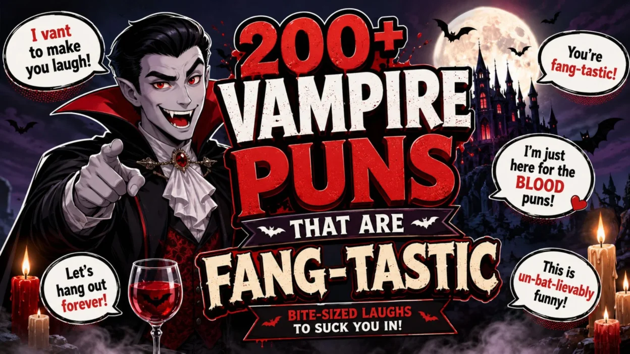 Funny vampire puns poster with spooky Dracula, bats, moonlit castle, and fang-tastic Halloween humor.