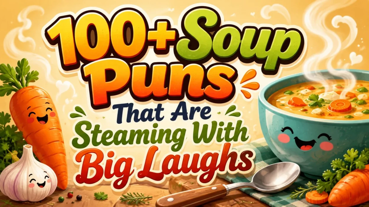 Colourful 100+ soup puns poster with a smiling soup bowl, carrots, garlic, and steaming big laughs.
