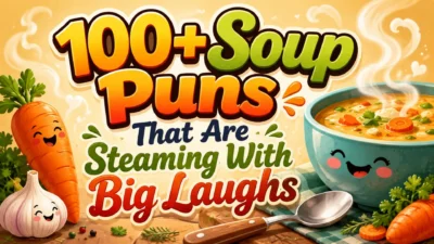 Colourful 100+ soup puns poster with a smiling soup bowl, carrots, garlic, and steaming big laughs.