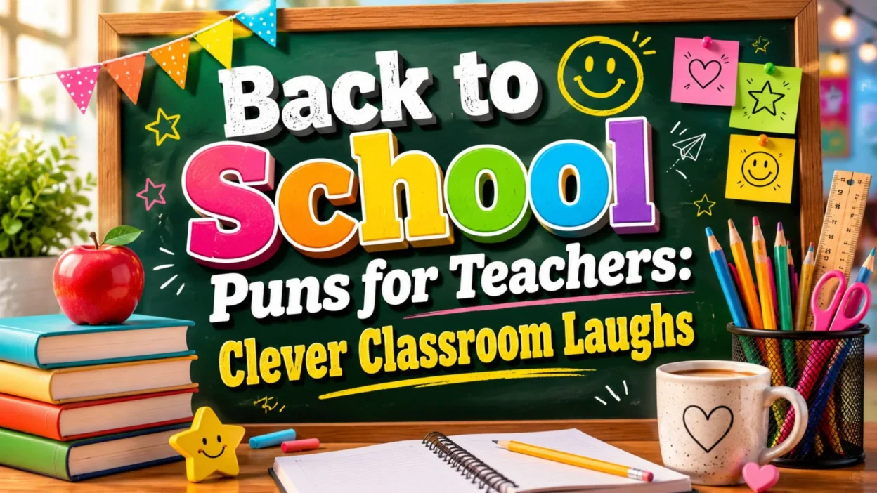 Back to school puns for teachers image with chalkboard, books, apple, coffee, pencils, and clever classroom humor.
