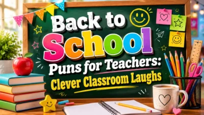 Back to school puns for teachers image with chalkboard, books, apple, coffee, pencils, and clever classroom humor.