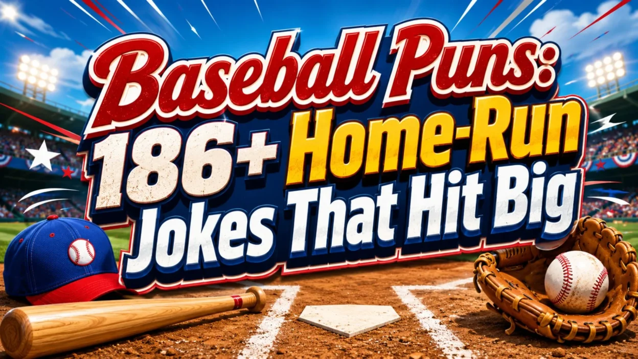 Baseball puns poster with bat, glove, cap, baseball field, and 186+ home-run jokes that hit big.