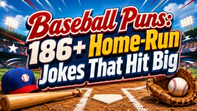 Baseball puns poster with bat, glove, cap, baseball field, and 186+ home-run jokes that hit big.