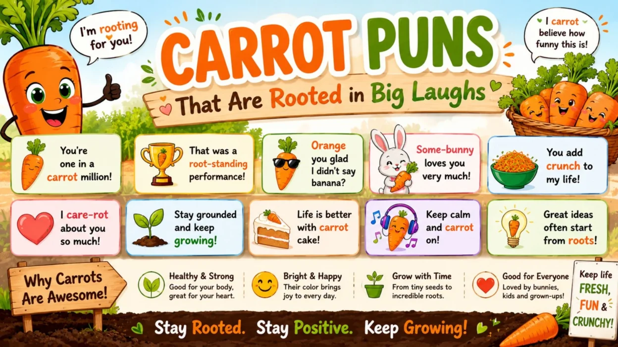 Colourful carrot puns poster with smiling carrots, a bunny, garden visuals, and bold “Rooted in Big Laughs” text.