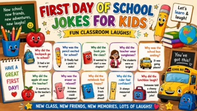 First day of school jokes for kids poster with pencils, books, backpacks, school bus, apples, and funny classroom jokes.