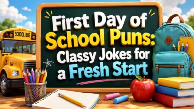 First day of school puns poster with chalkboard, school bus, backpack, apple, books, and colorful classroom supplies.