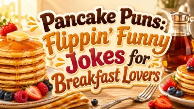 Pancake puns title image with syrup-drizzled pancake stacks, berries, and a cozy breakfast table scene