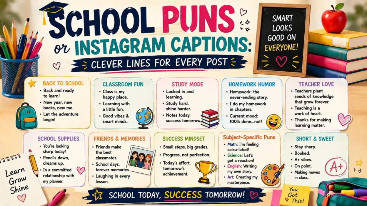 School puns for Instagram captions image with books, pencils, backpack, apple, globe, and clever classroom caption ideas.