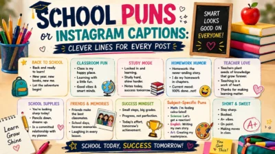 School puns for Instagram captions image with books, pencils, backpack, apple, globe, and clever classroom caption ideas.
