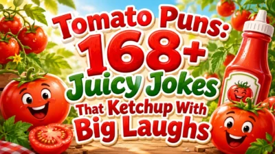 Tomato puns poster with smiling tomatoes, ketchup bottle, garden vines, and 168+ juicy jokes for big laughs.
