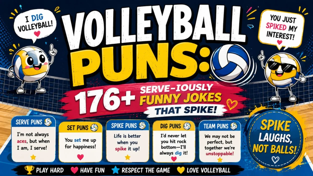 Volleyball puns poster with cartoon volleyballs, net, speech bubbles, and 176+ serve-iously funny jokes.