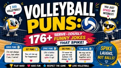 Volleyball puns poster with cartoon volleyballs, net, speech bubbles, and 176+ serve-iously funny jokes.