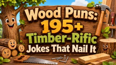Wood puns poster with smiling logs, a cheerful tree, hammer, saw, nails, and bold timber-rific joke text.